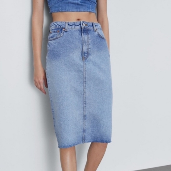 Zara Dresses & Skirts - Zara The 90's Collection Denim Raw Hem Midi Skirt